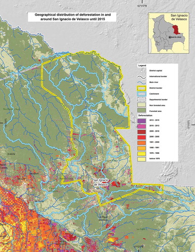 Figure 1. Geographical distribution of deforestation in, and around, San Ignacio de Velasco until 2015 (Fundación Amigos de la Naturaleza, Citation2019). Reproduced with permission from FAN.