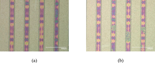 Figure 7. Optical microscope images before and after ultrasonic agitation using acetone for Al2O3-deposited PR pattern: (a) Al2O3 deposited PR patterns; (b) Al2O3-deposited PR pattern after 15-min ultrasonic agitation.