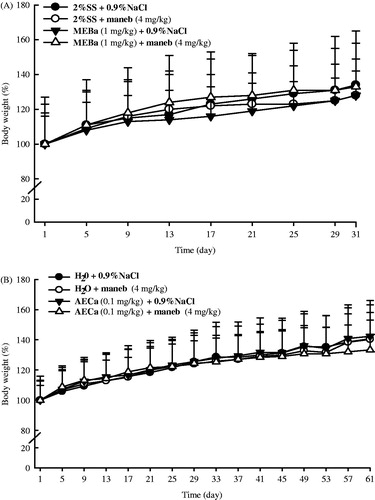 Figure 2. Relative body weight of male rats treated with MEBa (A)/AECa (B) and/or maneb. The first batch of male rats was administered MEBa and/or 2% SS for 30 days (A), while the second batch received AECa and/or distilled water for 60 days (B). Maneb and 0.9% NaCl were administered during the 18 last days of the experiment. Relative body weight of each animal was determined using the formula ((At/A0) × 100%: At and A0 represent the animal body weight at the time considered, and at the beginning of the experiment, respectively). Each data point represents the mean ± SD of five animals.