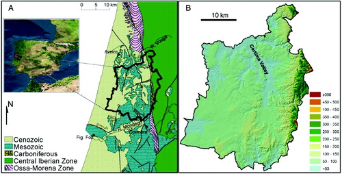 Figure 1. Regional setting of the Bairrada region. (A) Location in central Portugal and simplified geological map. (B) Digital elevation model of the Bairrada region.