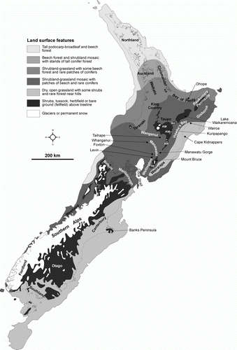 Figure 3  Last Glacial Maximum (c. 14–30 cal ka) reconstruction for New Zealand including locations of some places named in the text. The base map is adapted from Alloway et al. (Citation2007). This map illustrates that the land area of New Zealand was notably different to that which exists today as recently as c. 20 ka ago. This demonstrates how relative sea-level changes as well as the effects of tectonism have had profound influences on the shape of New Zealand and the distribution of its landforms. Abbreviations are: KA, Kaimai Range; KM, Kaimanawa Mountains; AH, Ahimanawa Range; KW, Kaweka Range; RR, Ruahine Range; TR, Tararua Range.