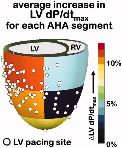 Figure 5. Percent LV dP/dtmax increase for all 104 LV pacing sites (shown as white dots) were averaged according to AHA segment of the LV. AHA: American Heart Association.