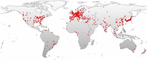 Figure 2 A world map with the global distribution of publications related to the surgical treatments of meningiomas based on the analysis of their geolocational data.