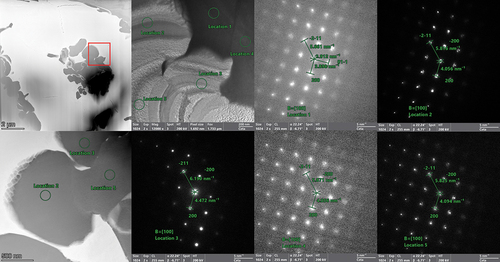 Fig. 16. Selected area electron diffraction patterns from five different locations within the NbTaVU2 alloy. Locations 2, 3, and 5 are shown within the EDS map overlay from Fig. 17. Locations 1 and 4 are within the U matrix surrounding it but are out of frame from the EDS map. All five diffraction patterns are shown to be BCC, and all are near the same zone axis as each other. It would be expected that the d-spacing for similar regions in the same zone axis would be the same (e.g., locations 2 and 3). To investigate this, line scans were taken and are shown in Figs. 17 and 18. These small differences are attributed to the small compositional differences shown in the line scans.