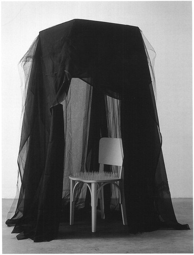 Figure 3 Cildo Meireles. Introdução a uma nova crítica/Introduction to a New Criticism, 1970. Media: wooden chair, nails, black netting, and iron frame. Dimensions: 160 × 50 × 50 cm. 509 × 660 mm. Collection of the artist. Courtesy of Cildo Meireles.