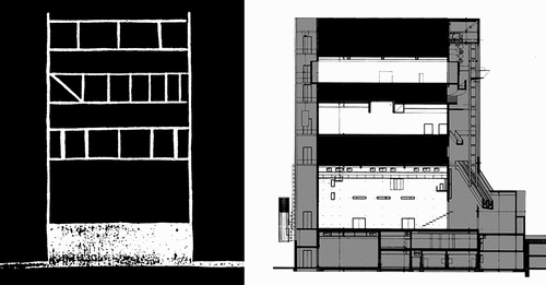 Figure 19. Solid and void elements at the ZKM: structural concept from Koolhaas’ writing “last apples” (left) and an analysis of the building’s section plan with indicated solid (black) and void (white) elements (right). Source: Koolhaas Citation1998b, 675 (left); Koolhaas Citation1998c, 89 (right; edited by author).