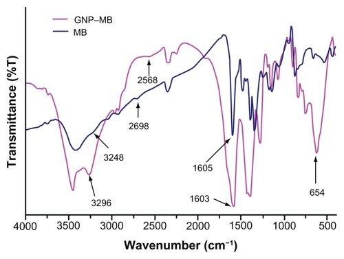 Figure 4 Percent transmittance Fourier transform infrared spectroscopy spectra of MB (20 μg/mL) and GNP–MB (20 μg/mL; MB) conjugate.Notes: GNPs in GNP–MB conjugate show characteristic transmittance peak at 654 cm−1. GNP–MB conjugate shows the prominent peak difference as compared to MB, shown by black arrows.Abbreviations: GNP, gold nanoparticle; MB, methylene blue.