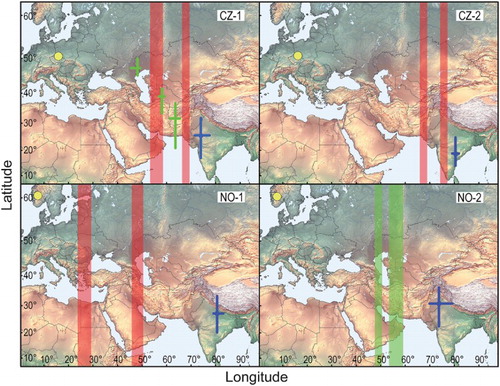 Figure 1. Individual migration of four Red-spotted Bluethroats from breeding sites in the Czech Republic (CZ) and Norway (NO; yellow dots) to their non-breeding stationary sites on the Indian sub-continent (blue symbols). Stopovers in autumn (n = 3 birds) are indicated by red symbols whereas spring stopovers (n = 2 birds) are shown in green. When positions could be estimated from the data median longitudes and latitudes are plotted with interquartile ranges (crosses). Shaded red and green areas indicate the interquartile ranges of longitudes for autumn and spring stopover sites, respectively, when latitude could not be reliably estimated.