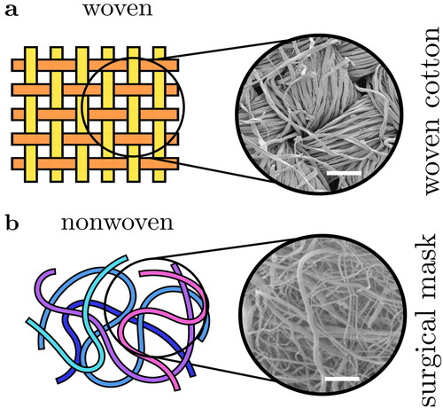 Figure 2. Fabrics are broadly categorized as knitted (not shown), woven or non-woven. (a) Woven fabrics formed by intersecting perpendicular yarns (the “warp” and “weft”). (b) Nonwoven fabrics are formed by entangling fibers through other means, resulting in less ordered arrangements. Scanning electron microscope images of example fabrics show scalebars of (a) 100 µm and (b) 50 µm.