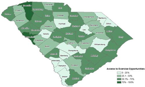Figure 6 Demonstration of geographic variation in access to exercise opportunities in South Carolina.