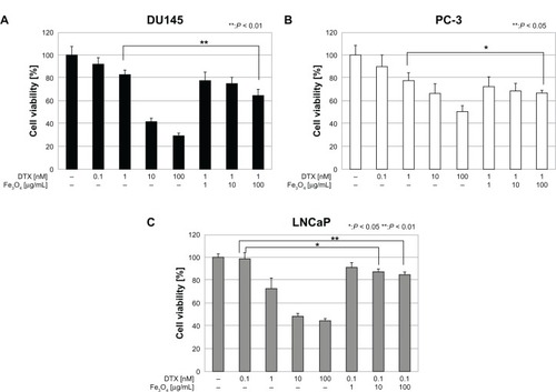 Figure 6 Effect of DTX alone or in combination with MgNPs-Fe3O4 on cell viability. Effect of DTX alone or in combination with MgNPs-Fe3O4 on the viability of (A) DU145, (B) PC-3, and (C) LNCaP cell lines.Notes: Data are presented as the mean ± SD of three independent experiments. *Significantly different from the control at P < 0.05; **significantly different from the control at P < 0.01.Abbreviations: DTX, docetaxel; MgNPs-Fe3O4, Fe3O4 magnetic nanoparticles; SD, standard deviation.