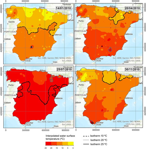 Figure 12. Location of the isotherms 10 °C, 20 °C and 25 °C inland WST in different seasons during the year 2010.