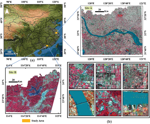 Figure 9. Locations of two regions for collecting data. (a) Study areas with east China layout (b) Eight 512×512 MRSIs shown in a false-color manner. The acquisition date of sites a and B are,15 Nov 2019 and 30 Dec 2020, respectively.