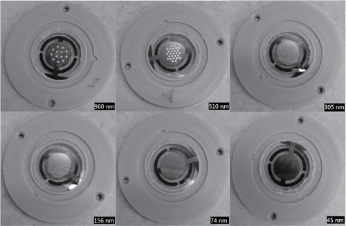 Figure 8. Particle deposition on each stage after 10 h of ambient air sampling. Cutpoint of each stage is shown on the bottom right corner.