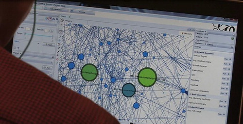 Figure 1. A student working with Gephi visualization software to produce a spatialized network graph of actors engaged in controversy over hydraulic fracking.