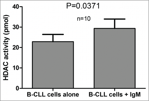 Figure 5. HDAC activity measured with or without BCR stimulation by IgM. HDAC activity values were plotted for 10 CLL patients for samples cultured in the presence of absence of IgM. The significance of the differences was assessed using the Wilcoxon signed rank test.