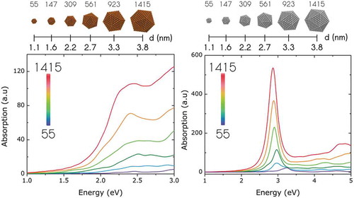 Figure 9. RT TD-DFTB optical absorption spectra of gold (left) and silver (right) NPs of different sized. Adapted from from ChemRxiv. 2019; doi: 10.26434/chemrxiv.7905344.v1under CC BY NC ND License