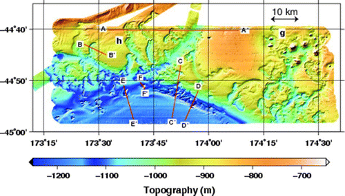 Figure 8  Close-up view of multibeam bathymetry in Fig. 3 showing pockmarked terrain and the locations of the profiles shown in Fig. 9. Pockmark features discussed in the text are labelled ‘h’ and ‘g’.