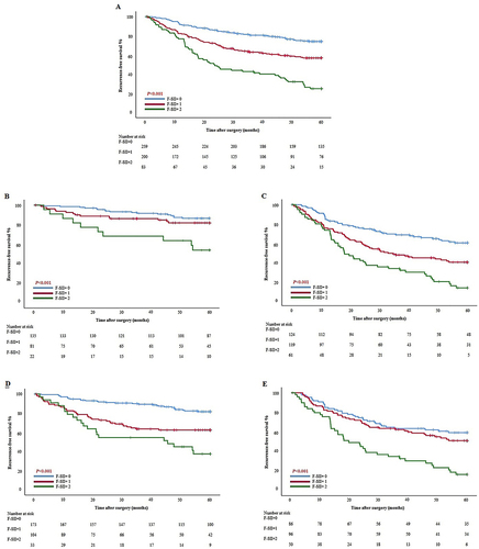 Figure 2 Kaplan–Meier curves analyses for RFS based on F-SII score. (A) All patients. (B) Stage I/II. (C) Stage III. (D) Tumor diameter ≤50 mm. (E) Tumor diameter >50 mm.