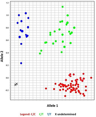 Figure 2 Allelic discrimination plot showing different sample genotypes.