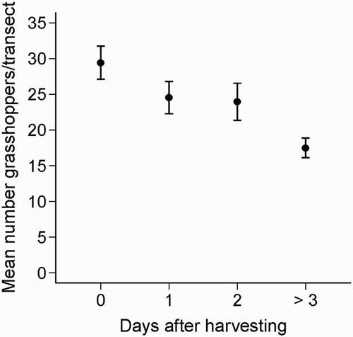 Figure 7. Effect of time since harvesting on grasshopper abundance. Mean values of grasshoppers (± se) surveyed in 40 m × 30 cm transects are shown for the harvest day (day 0), one, two and three or more days after harvesting (n = 31, 51, 20 and 18 transects, respectively).