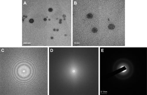 Figure 5 FE-TEM shape, morphology, SEAD and FFT characterization of BSA-Rh2 NPs.Notes: Particles size at 200 nm (A), at 10 nm (B), FFT of NPs (C and D), SEAD pattern of NPs (E).Abbreviations: FE-TEM, field-emission transmission electron microscope; SEAD, selected area (electron) diffraction; FFT, fast fourier transform; BSA, bovine serum albumin; NPs, nanoparticles.