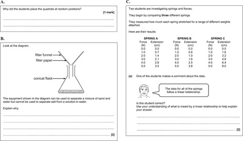 Figure 2. Examples of examination questions assessing different orders of thinking skills in Bloom’s cognitive domain: A. Recall of learned details of practical techniques and procedures. B. Application of practical knowledge and understanding in an unfamiliar scenario. C. Analysis of presented information, including interpretation, evaluation and drawing conclusions. (A: © AQA 2018. Reuse not permitted. B and C: © OCR 2018. Reuse not permitted.)