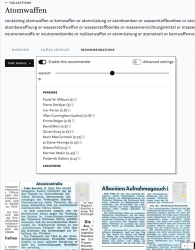 Figure 5. Experimental recommender system with option to assign weight on co-occurring entities, temporal proximity, topics, and text reuse.