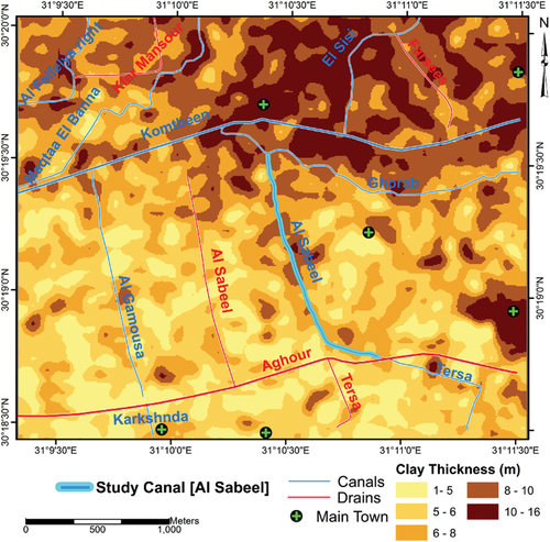 Figure 2. Top clay layer thickness at the study area of Al Sabeel canal.