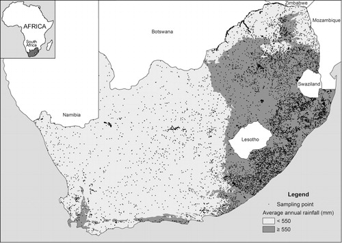 Figure 1: Distribution of the 12 552 soil profiles and the 550 mm rainfall isohyet