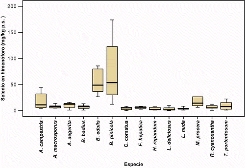 Figura 1. Variabilidad del contenido de selenio (mg/kg p.s.) en himenóforo según la especie. Figure 1. Variability of selenium content (mg/kg d.w.) in hymenophore according to species.