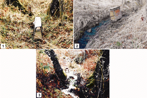 Figures 1–3. Oak Burn stream, with set emergence trap, in (1) summer-dry condition, (2) mid-winter flow condition, (3) spate condition.