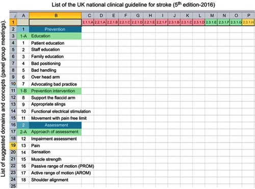 Figure 3 Excel sheet that shows cross between national clinical guideline for stroke (horizontal column) and key domains/concepts of panel meeting (vertical column).