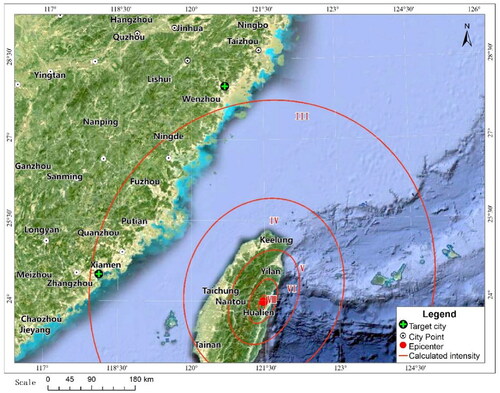 Figure 2. Distribution of the theoretical influence field of the Hualien Ms6.1 earthquake.