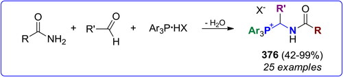 Scheme 220. 3C-Phospha-Mannich reaction of phosphonium salts Ar3P·HX with aldehydes and amides or carbamates.[Citation745] Products and yields are listed in Table S56.