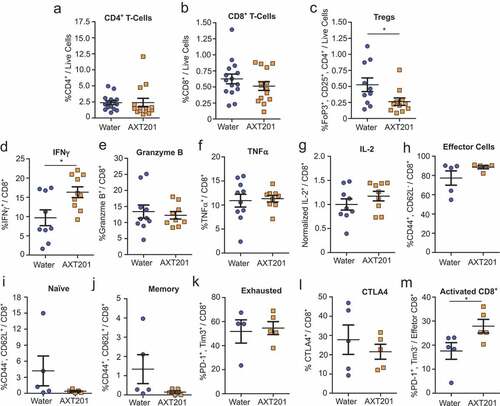 Figure 4. Effect of AXT201 treatment on lymphocyte populations in 4T1 tumors. (a-c) Percentage of CD4+ T cells (a), CD8+ T cells (b), and Tregs (c) out of all live cells from isolated whole 4T1 tumor samples. N ≥ 10, *p < .05, Mann-Whitney test. (d-k) Percentage of subpopulations out of total (d-j) or out of effector (k) CD8+ T-cells from whole CD8+ T-cells isolated from 4T1 tumors by negative selection and stimulated overnight. (d-f) Percentage of CD8+ T cells expressing the secreted factors IFNγ (d), Granzyme B (e), or TNFα (f). (g) Owing to high variability in baseline levels between experimental sets, the percentage of CD8+ T cells expressing IL-2 from each tumor in an experimental set was normalized to average for all controls of that same set. Pre-normalized data can be found in Figure S4A. N ≥ 9, *p < .05, Student’s t-test. (h-k) Percentage of CD8+ T cells (h-l) or CD8+ effector T cells (m) expressing surface markers for (h) effector cells, (i) naïve T cells, (j) memory T cells, (k) the exhausted phenotype, (l) CTLA4 expression, or (m) PD-1 expression without Tim3 (activated). N ≥ 4, *p < .05, Mann-Whitney test.