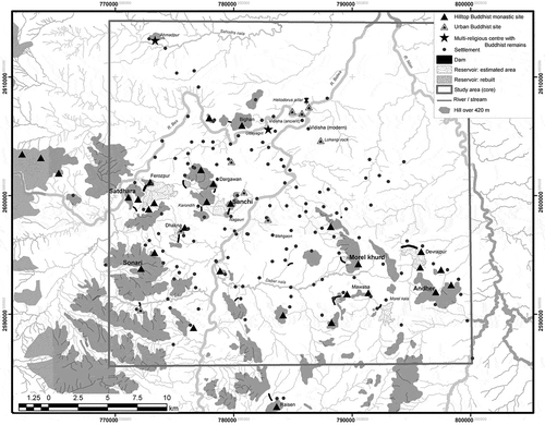 2. Sanchi Survey Project: site distribution (Buddhist sites, settlements and reservoirs).