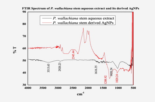 Figure 6. The FTIR analysis of aqueous extract of stem and AgNPs of P. wallichiana.