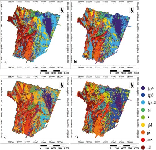 Figure 6. The generated seabed sediment maps after classification. (a) represents the sediment map for the proposed approach. (b) Sediment map for RF. (c) represents the SVM sediment map. (d) Sediment map for DT classification.