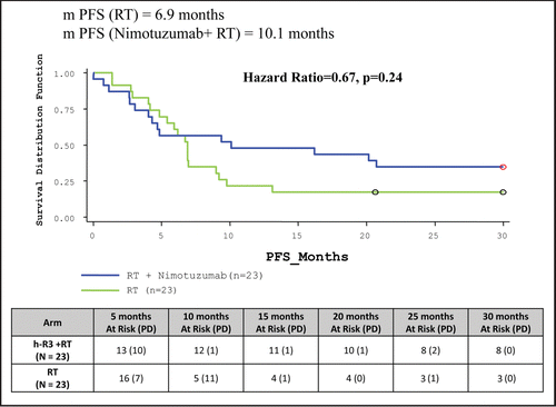 Figure 5 Comparison of progression free survival of nimotuzumab + RT and RT arm.