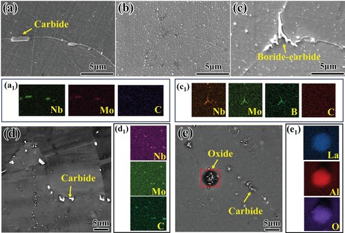 Figure 2. Precipitates in heat-treated samples, (a, a1) M1, (b) M1-B1, (c, c1) M1-B2, (d, d1) M2, (e, e1) M2-BP2.