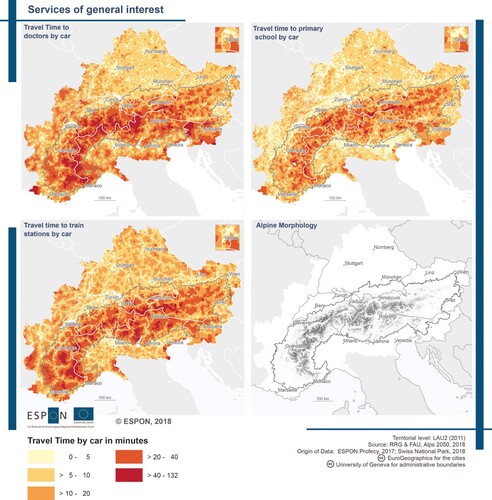 Figure 1. Accessibility of services of general interest in the Alps (ESPON Citation2018, 7).