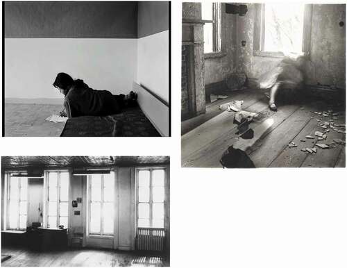 Figure 6,7. Upper-left corner, frame of Je, tu, il, elle, Chantal Akerman, 1974. Below, frame of Wavelength, Michael Snow, 1967. Above, on the middle, photograph of Francesca Woodman, house #3, Providence, Rhode Island, 1975–76