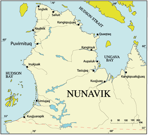 Figure 1. Villages of Nunavik, North of the 55th parallel in Quebec.