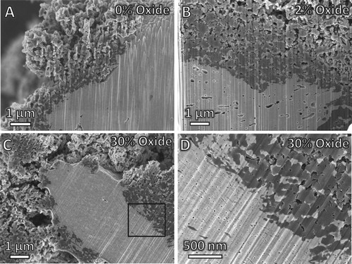 Figure 3. Carbon deposition after 5 min on Ni–Cu catalysts containing (A) 0% oxide, (B) 2% oxide, and (C) 30% oxide. (D) magnified view of boxed area in (C). Reactions conducted at 550°C with 4:1 C2H4:H2.