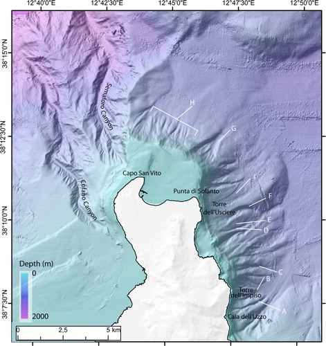 Figure 5. Shaded relief view of the San Vito peninsula offshore with the main geomorphological features described in the text.