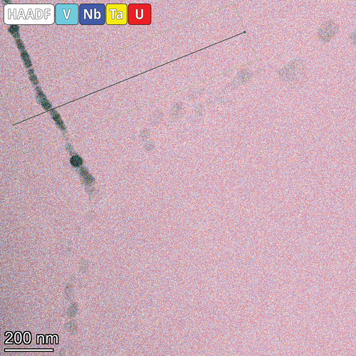 Fig. 19. NbTaVU2 alloy with a triple grain boundary. There were V-Ta–rich precipitates along the grain boundary, and an EDS line scan was taken from across it. The line scan results are shown in Fig. 20.