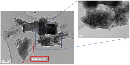 Figure 4. Transmission Electron Microscopy (TEM) image of light grey McIntyre Powder on a carbon grid: TEM images show the presence of agglomerates that include lamellae and rod-like structures, and that the powder is characterized by variable porosity.
