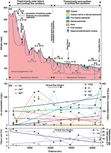 Figure 8. (a) Conceptual groundwater flow model along a regional flowpath indicated with cross-section A–A’ in Figure 5. (b) Concentrations of major hydrochemical constituents. (c) Relationship between tritium and radiocarbon age. Linear regressions are given with bold lines.