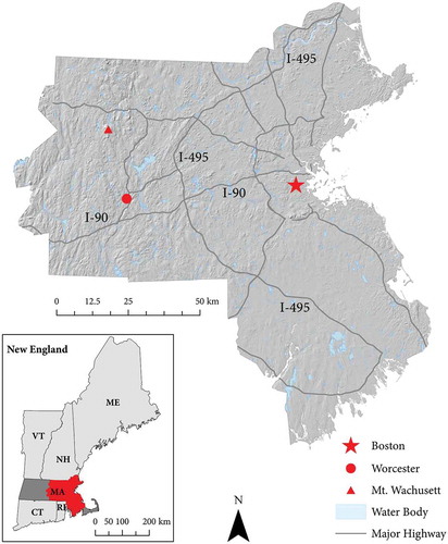 Figure 3. Study area of central Massachusetts, USA, with major cities, highways (including Interstate-495 and 90), Wachusett Mountain, and water bodies.